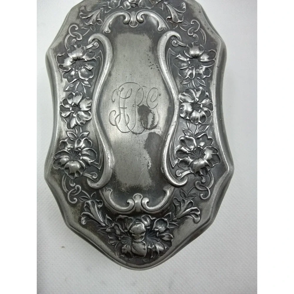 Antique‎ Art Nouveau Silver Tone Repousse Floral Monogram Vanity Clothes Brush